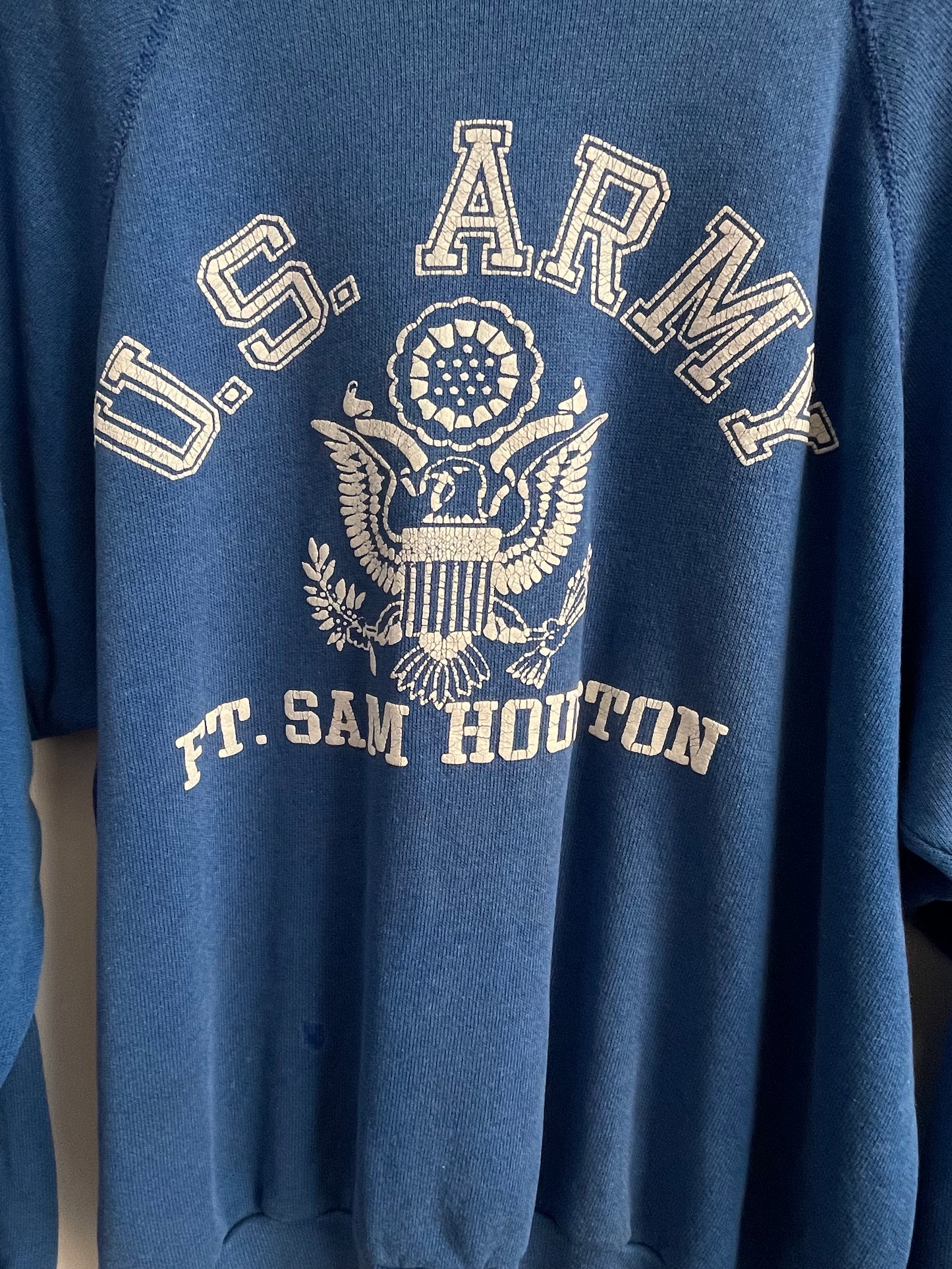 Genuine Vintage 1960s US Army Ft. Sam Houston Sweatshirt Royal blue with white lettering.