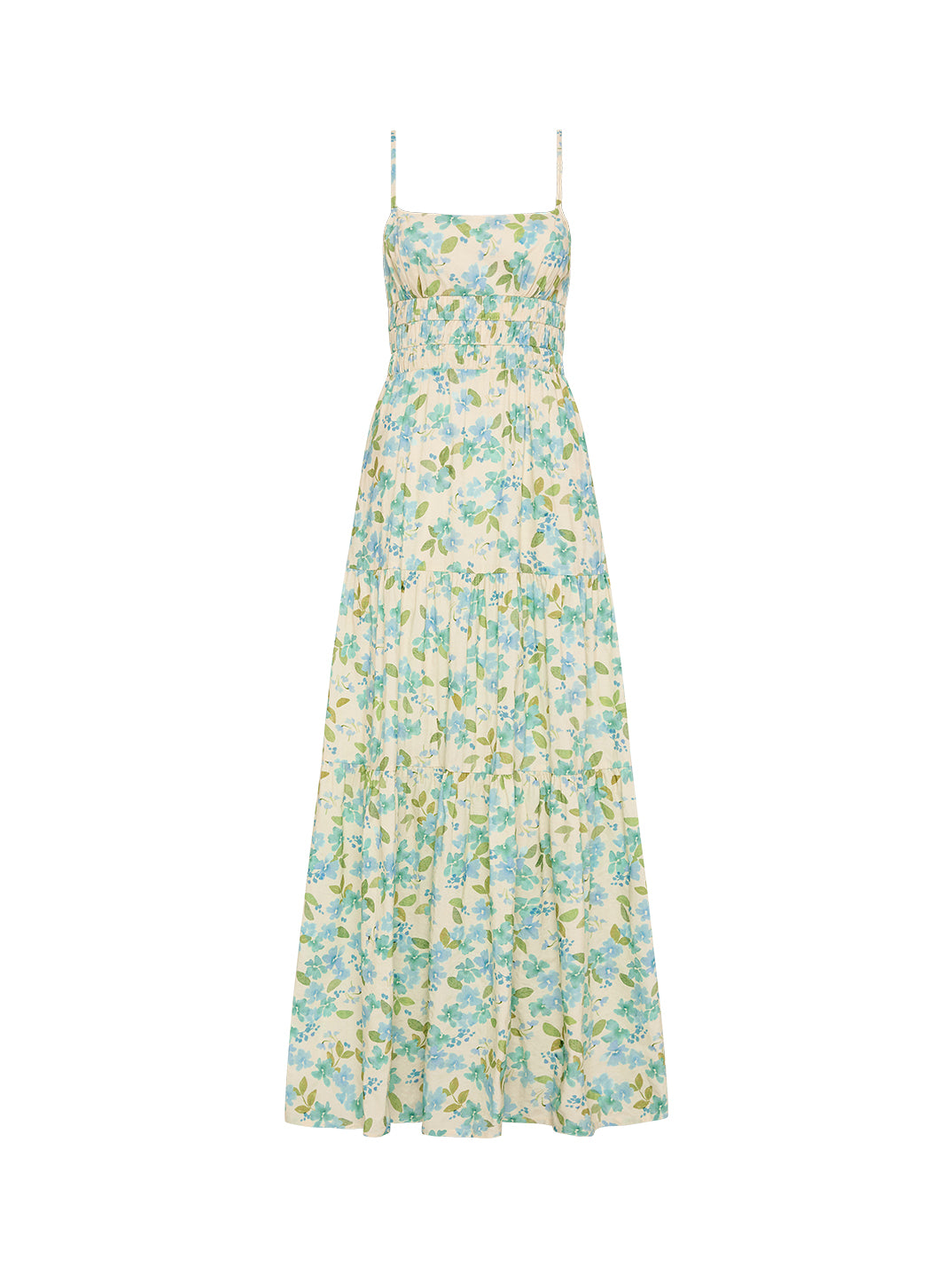 the Peony Swimwear Tiered Maxi Dress in watercolour floral