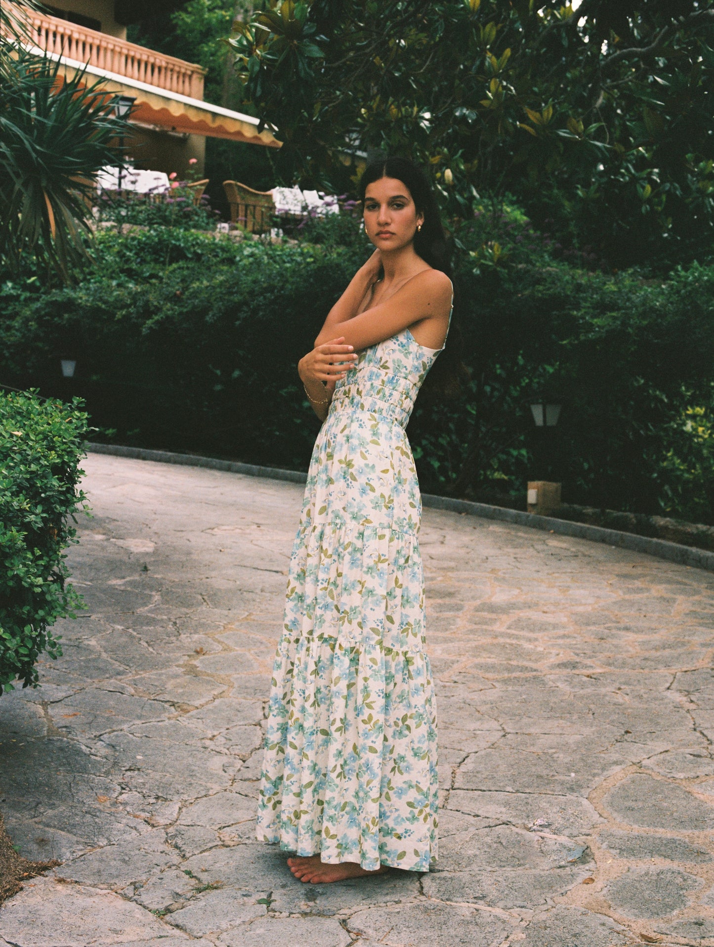 the Peony Swimwear Tiered Maxi Dress in watercolour floral