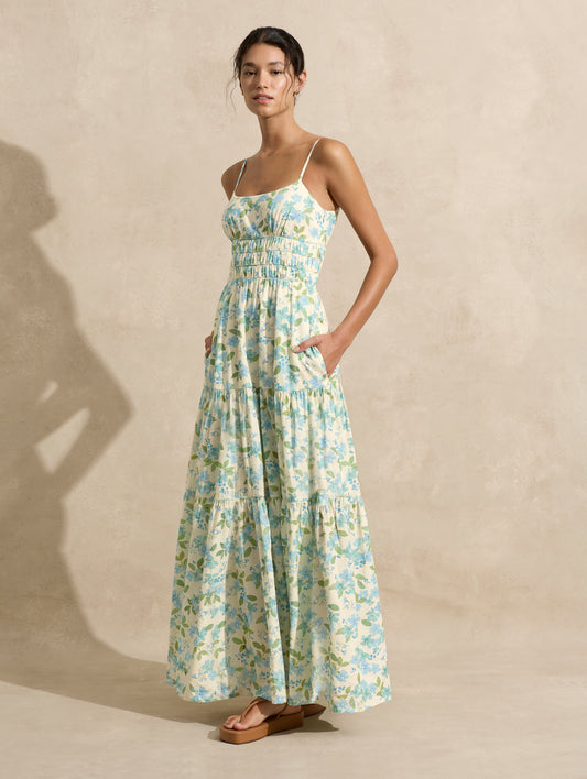 the Peony Swimwear Tiered Maxi Dress in watercolour floral