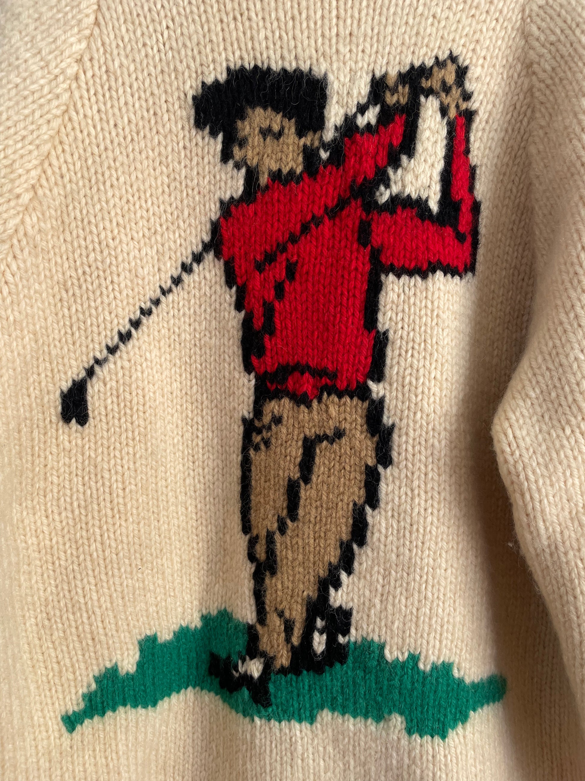 Rare vintage 60s ivory Cowichan hand knit wool cardigan sweater with golf motifs. 