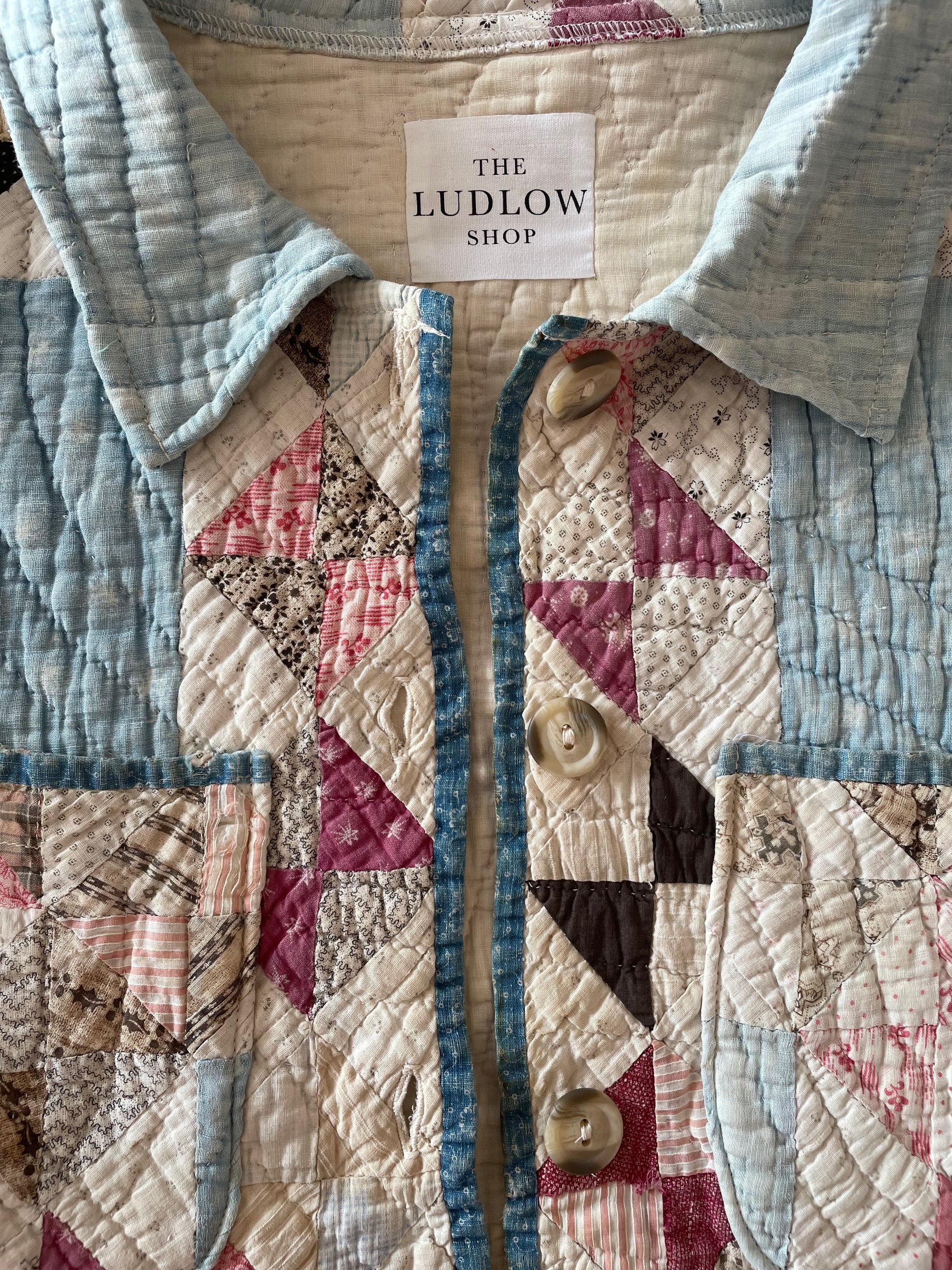 Ludlow Quilt Crop Jacket with 3 button closures and two front pockets.